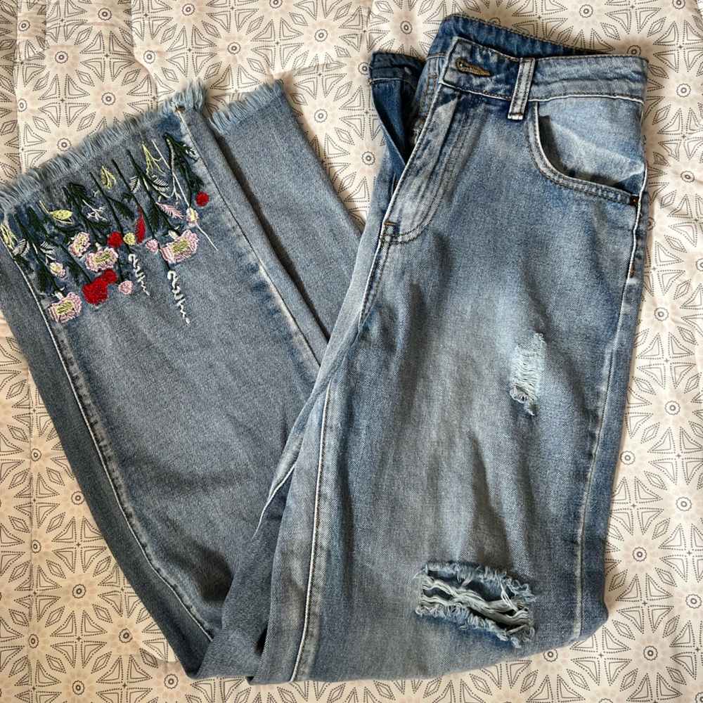 embroidered straight leg jeans